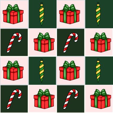 Kırmızı hediye kutuları, şeker kamışları ve pembe ve koyu yeşil arka planda satranç tahtası düzeninde sarmal süslemeleri olan kusursuz bir Noel deseni..