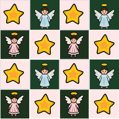 Alternatif Noel melekleri ve yıldızları içeren kusursuz bir vektör deseni. Neşeli, el çizimi bir tarzda, şenlik tasarımları için mükemmel..