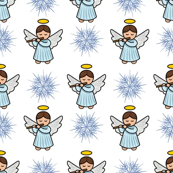 Şekillendirilmiş kar taneleri arasında flüt çalan sevimli meleklerin muhteşem bir Noel tasarımı yarattığı kusursuz bir vektör deseni..