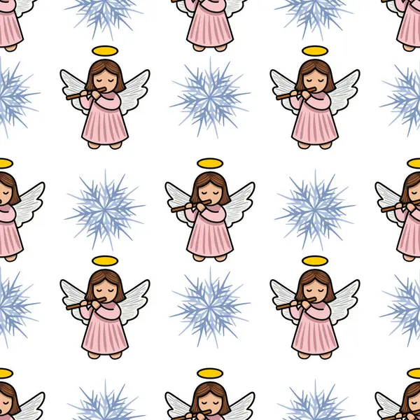 Şekillendirilmiş kar taneleri arasında flüt çalan sevimli meleklerin yer aldığı kusursuz bir vektör deseni, şenlikli arka planlar ve kış temalı projeler için ideal bir Noel tasarımı yaratıyor..
