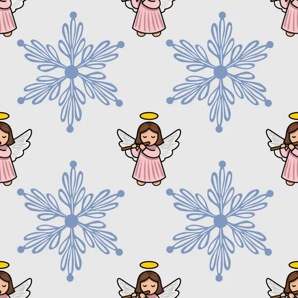 Şekillendirilmiş kar taneleri arasında flüt çalan sevimli meleklerin olduğu kusursuz bir vektör deseni. Noel için mükemmel bir tasarım..