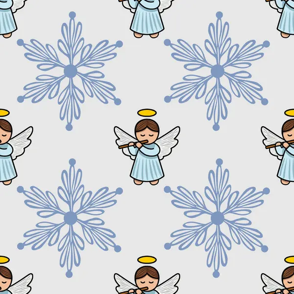 Şekillendirilmiş kar taneleri arasında flüt çalan sevimli meleklerin kusursuz vektör deseni, Noel temalı tasarımlar ve şenlikli arka planlar için mükemmel..
