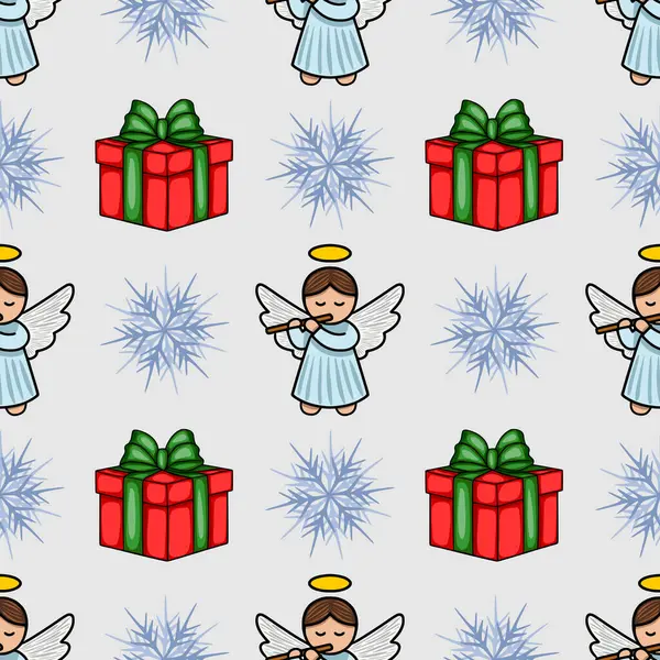 Flüt çalan sevimli meleklerin, yeşil yaylı şenlikli kırmızı hediyelerin ve açık gri arka planda narin kar tanelerinin olduğu kusursuz bir Noel deseni..