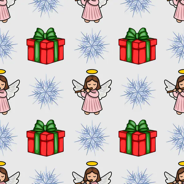Flüt çalan sevimli meleklerin, neşeli hediye kutularının ve açık gri arka planda narin kar tanelerinin bulunduğu kusursuz bir Noel deseni büyüleyici ve tuhaf bir kış tatili yaratıyor....