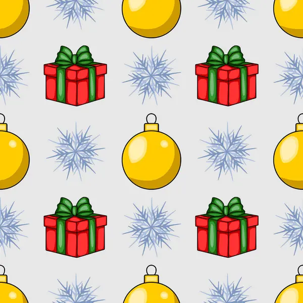 Şekillendirilmiş kırmızı hediyeler, altın mücevherler ve açık gri arka planda açık mavi kar taneleri ile kusursuz bir Noel deseni, şenlik tasarımları için mükemmel..