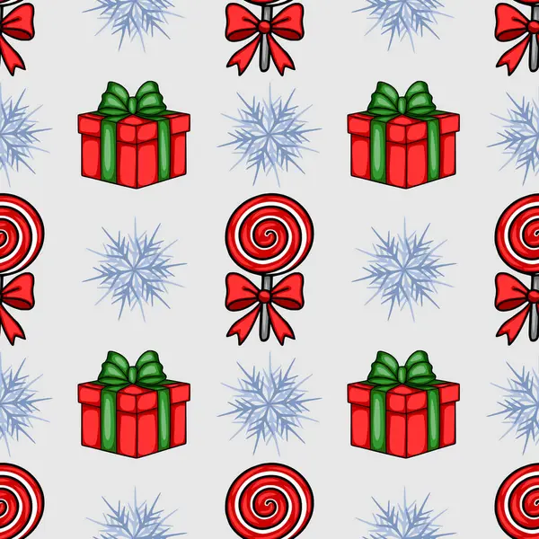 Yeşil kurdeleli kırmızı hediye kutuları, fiyonklu kırmızı lolipoplar ve açık gri arkaplanda şekillendirilmiş kar taneleri içeren kusursuz bir Noel deseni..