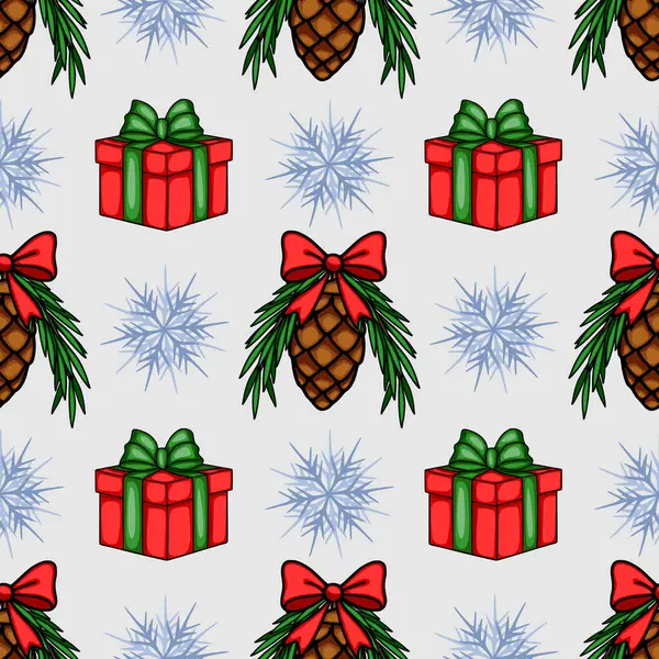 Yeşil ve kırmızı kurdeleli kırmızı hediye kutuları, yaylarla süslenmiş çam kozalakları ve açık gri arka planda şekillendirilmiş kar taneleri içeren kusursuz bir Noel deseni....