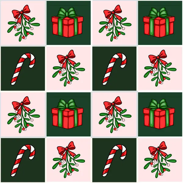 Ökseotu, hediye kutuları ve tekrar eden fayans tasarımlı şeker kamışlarıyla kusursuz bir Noel şablonu. Kırmızı, yeşil ve pembe renklerin eşsiz bir karışımı..