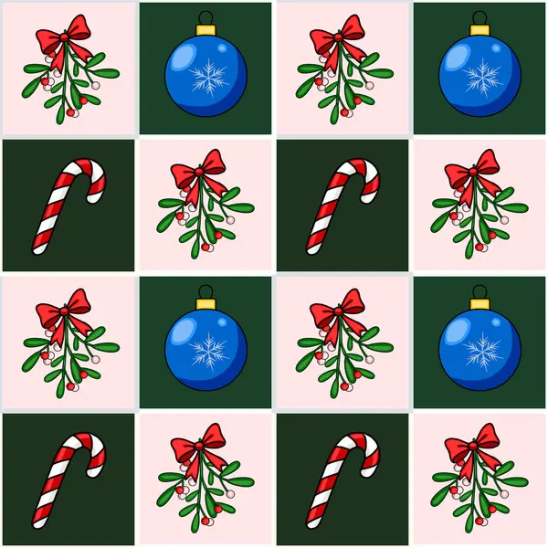 Pembe ve yeşil kareli arka planda ökseotu, şeker kamışı ve mavi takılar olan kusursuz bir Noel deseni, şenlik tasarımları için mükemmel..