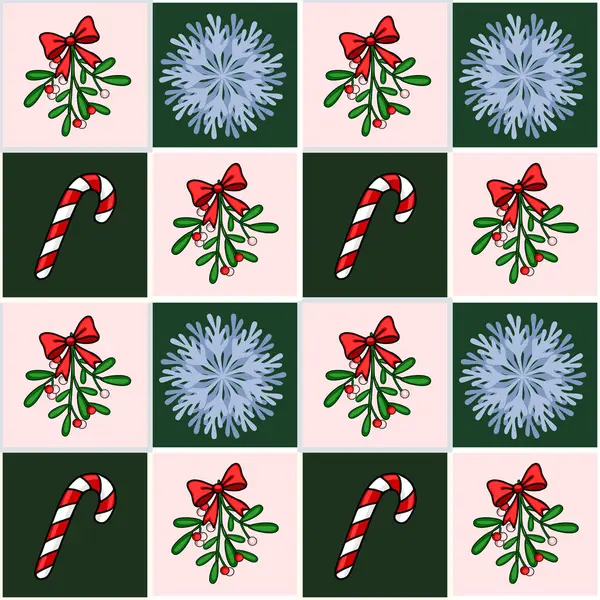 Ökseotu, şeker kamışı ve kar tanelerinin tekrar eden pembe ve yeşil kareli kareli dizaynını içeren kusursuz bir Noel deseni..