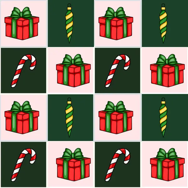 Kırmızı hediye kutuları, şeker kamışları ve pembe ve koyu yeşil arka planda satranç tahtası düzeninde sarmal süslemeleri olan kusursuz bir Noel deseni..