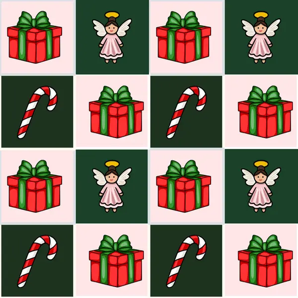 Büyüleyici meleklerin, yeşil yaylı hediye kutularının ve şeker kamışlarının olduğu kusursuz bir Noel deseni. Bayram projeleri için mükemmel bir şenlik ve neşeli bir tasarım yaratıyor..