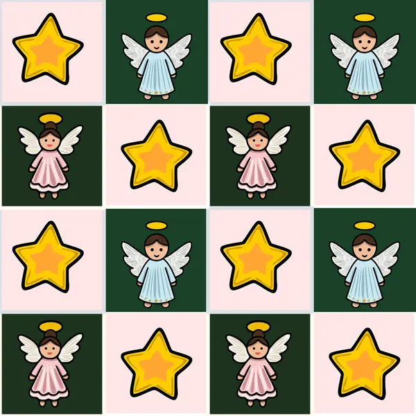 Alternatif Noel melekleri ve yıldızları içeren kusursuz bir vektör deseni. Neşeli, el çizimi bir tarzda, şenlik tasarımları için mükemmel..