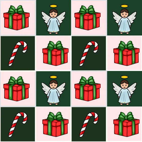 Büyüleyici meleklerin, yeşil kurdeleli hediye kutularının ve pembe ve yeşil kareli arka planda şeker kamışlarının olduğu kusursuz bir Noel deseni..