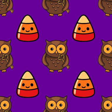 Kusursuz vektör Cadılar Bayramı şablonu altın anahtarlar taşıyan sevimli çizgi film baykuşlarının ve parlak mor arka planda neşeli mısır şekerlerinin yer aldığı..