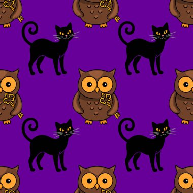 Pembe arka planda kıvrık kuyruklu siyah kediler, neşeli tasarımlar ve ürkütücü dekorasyonlar için mükemmel kahverengi baykuşlar taşıyan kusursuz bir Cadılar Bayramı deseni..