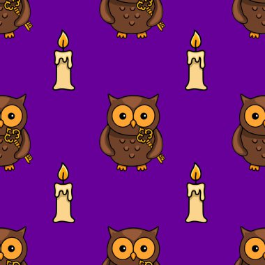 Pürüzsüz vektör deseninde altın anahtarlar taşıyan ve zengin mor arka planda mum yakan sevimli kahverengi baykuşlar, tuhaf bir Cadılar Bayramı ya da sonbahar tasarımı yaratıyor..