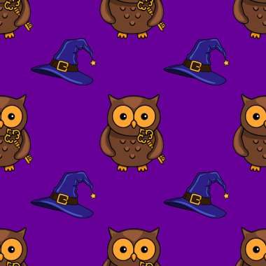 Pırıl pırıl mor bir arka planda mavi cadı şapkalarıyla birbirine karışmış sevimli kahverengi baykuşların bulunduğu kusursuz bir vektör deseni var. Cadılar Bayramı temalı tasarımlar için mükemmel..