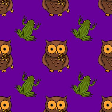 Kusursuz vektör desenleri, ellerinde altın anahtarlar ve neşeli yeşil kurbağalar taşıyan sevimli çizgi film baykuşlarının Cadılar Bayramı ya da tuhaf tasarımlar için ideal canlı mor bir arka planda yer almaları..