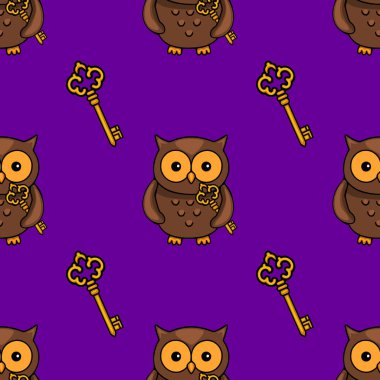 Muhteşem kahverengi baykuşların parlak mor bir arkaplana karşı altın anahtarlar tutarak Cadılar Bayramı veya sonbahar temalı proj için mükemmel, kaprisli ve büyüleyici bir tasarım oluşturduğu kusursuz bir vektör deseni....