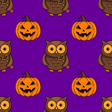 Pürüzsüz Cadılar Bayramı şablonu, ellerinde altın anahtarlar ve mor arka planda oyulmuş gülümseyen balkabakları olan sevimli kahverengi baykuşlar..