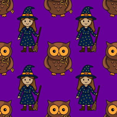 Yıldızlı elbisesi ve süpürgesi olan sevimli bir cadıya eşlik eden kusursuz bir vektör deseni. Yanında elinde altın anahtarlar tutan sevimli baykuşlar var. Hepsi canlı mor bir arka plana karşı, Cadılar Bayramı için mükemmel....