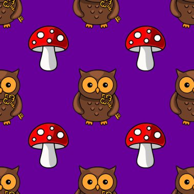 Pırıl pırıl mor bir zemine karşı ellerinde altın anahtarlar ve canlı kırmızı zehirli mantarlar tutan sevimli çizgi film baykuşlarının oluşturduğu kusursuz bir vektör deseni tuhaf ve büyüleyici bir sonbahar tasarımı yaratıyor..