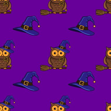 Süpürge saplı şirin baykuşlar, cadı şapkaları ve parlak mor arka planda altın anahtarlarla kusursuz bir Cadılar Bayramı şenliği deseni..