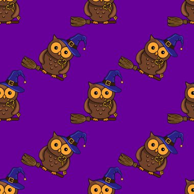 Cadı şapkalı, süpürgeli, elinde altın anahtarlarla uçan sevimli baykuşların kusursuz vektör desenleri, canlı mor bir arka plana ayarlanmış, Cadılar Bayramı tasarımları için mükemmel..