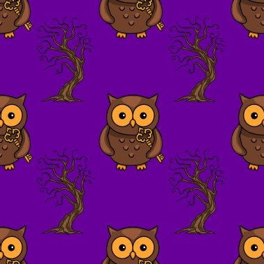 Pürüzsüz vektör deseninde altın anahtarlar taşıyan sevimli kahverengi baykuşlar ve koyu mor arka planda ürkütücü çıplak ağaçlar var. Cadılar Bayramı ya da sonbahar tasarımları için mükemmel..