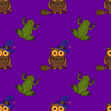 Süpürgelerin üzerinde tuhaf baykuşlar, anahtarlar ve şenlikli mor bir arka planda neşeli kurbağalar barındıran kusursuz bir vektör Cadılar Bayramı deseni..