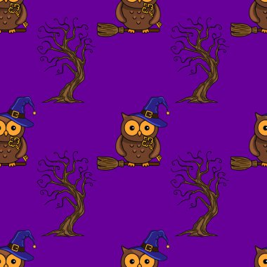 Cadı şapkalı şirin baykuşlarla kusursuz bir Cadılar Bayramı şablonu. Mor arka planda ürkütücü çıplak ağaçların yanında süpürge sopası sürüyorlar..