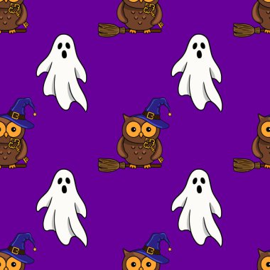 Cadı şapkalı sevimli baykuşların parlak mor arka planda, arkadaş canlısı hayaletlerle birlikte süpürgelere bindiği kusursuz bir Cadılar Bayramı deseni..
