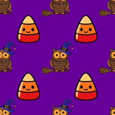 Cadı şapkalı şirin baykuşlarla kusursuz vektör Cadılar Bayramı şablonu. Süpürgeye binip, parlak mor arka planda mısır şekeri yiyecekler. Şenlikli tasarımlar için mükemmel..