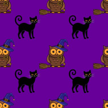 Süpürge saplarında sevimli baykuşlar, anahtarlar ve parlak mor arka planda kıvrık kuyruklu siyah kediler içeren kusursuz vektör Cadılar Bayramı deseni..