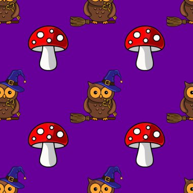 Süpürge sapları, cadı şapkaları ve canlı kırmızı zehirli mantarlarla süslü kusursuz bir Cadılar Bayramı deseni. Mor bir arka plan yaratıyor ve büyüleyici bir tasarım yaratıyor..