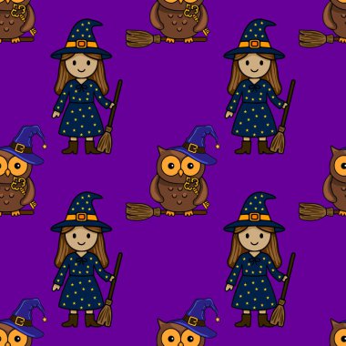 Süpürge saplı ve baykuş şapkalı büyüleyici cadıları içeren kusursuz bir vektör deseni. Cadı şapkası takan, canlı mor bir zemin üzerine kurulmuş, Cadılar Bayramı temalı tasarımlar için mükemmel..