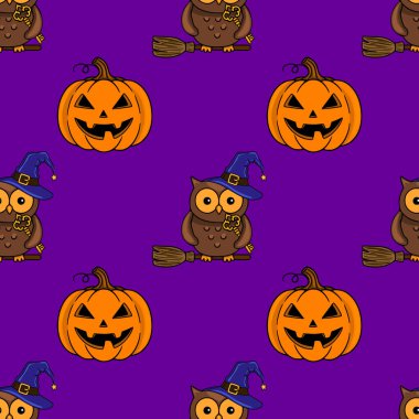 Süpürge saplarında sevimli baykuşlar, cadı şapkaları ve canlı mor bir arka planda oyulmuş balkabakları olan kusursuz vektör Cadılar Bayramı deseni, şenlik tasarımları için mükemmel..