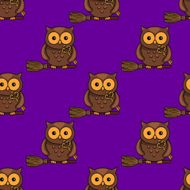 Süpürgelerin üzerinde kahverengi baykuşlar taşıyan kusursuz vektör deseni, Cadılar Bayramı ya da sonbahar tasarımları için mükemmel..