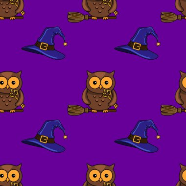 Şirin kahverengi baykuşların elinde anahtarlar, süpürge sopaları ve parlak mor arka planda mavi cadı şapkaları olan kusursuz vektör Cadılar Bayramı şablonu şenlik tasarımları ve ürkütücü kutlamalar için mükemmel..