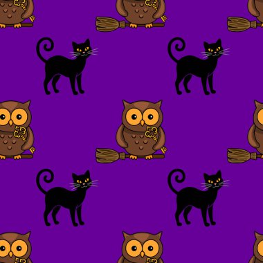 Süpürgelerin üzerinde sevimli kahverengi baykuşların elinde anahtarlar ve parlak mor bir arka plana karşı hazırlanmış yaramaz kara kedilerin olduğu kusursuz bir Cadılar Bayramı deseni..