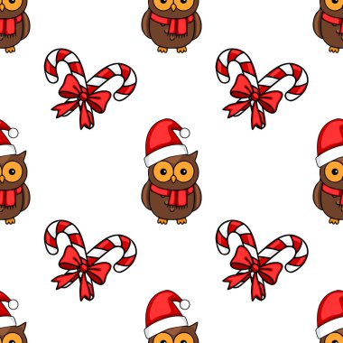 Noel Baba şapkalı sevimli baykuşlar ve kırmızı yaylı şeker kamışlarıyla kusursuz bir Noel şenliği ve neşeli bir kış tasarımı yaratıyor..