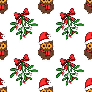 Noel Baba şapkaları ve kırmızı eşarplar takan sevimli baykuşların canlı kırmızı fiyonklu şenlikli ökse otu dallarının arasına yerleşip büyüleyici bir Noel tasarımı yarattıkları kusursuz bir vektör deseni..