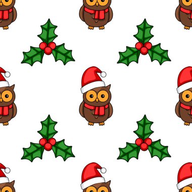 Noel Baba şapkaları ve kutsal böğürtlen dalları takan sevimli baykuşlarla kusursuz vektör Noel şablonu, büyüleyici bir çizgi film tarzı ve şenlikli kırmızı ve yeşil renk paleti.