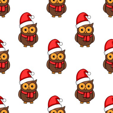 Beyaz arka planda Noel Baba şapkaları ve kırmızı eşarplar takan sevimli çizgi film baykuşlarının kusursuz vektör desenleri Noel için mükemmel..