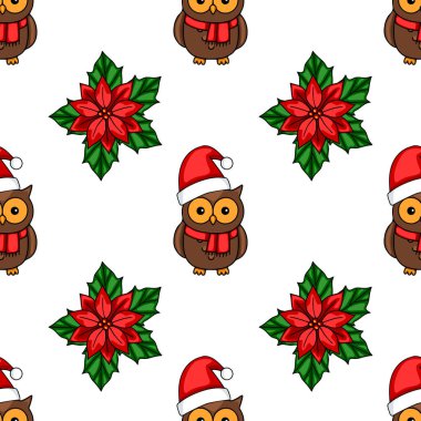 Noel Baba şapkaları ve Noel çiçekleri takan sevimli baykuşlarla kusursuz bir Noel deseni. Şenlikli tasarımlar ve kış tatili projeleri için mükemmel..