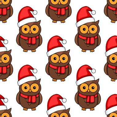 Noel Baba şapkaları ve kırmızı eşarplar takan sevimli çizgi film baykuşlarının kusursuz vektör desenleri Noel için mükemmel..