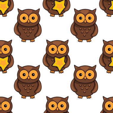 Kahverengi baykuşların altın yıldızları taşıdığı, çocuk kıyafetleri, kırtasiye ürünleri ya da tuhaf arka planlar için mükemmel, sevimli, pürüzsüz bir desen..