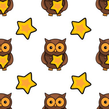 Beyaz arka planda altın yıldızları tutan sevimli kahverengi baykuşların kusursuz vektör deseni, çocuklar için tekstil, paket kağıdı veya dijital tasarım projeleri için idealdir..