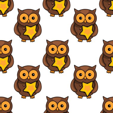 Altın yıldızları tutan sevimli kahverengi baykuşların, çocuk tekstil tasarımları ya da tuhaf arka planlar için mükemmel olduğu kusursuz bir vektör deseni..